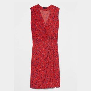 Red Floral Print Twist Faux Wrap Dress